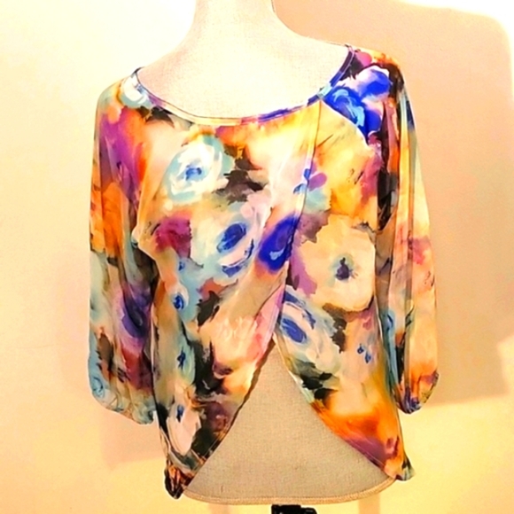 Lily White Womans Round Neck Spring Floral Open Back Sheer Blouse, Size: S - Picture 4 of 7